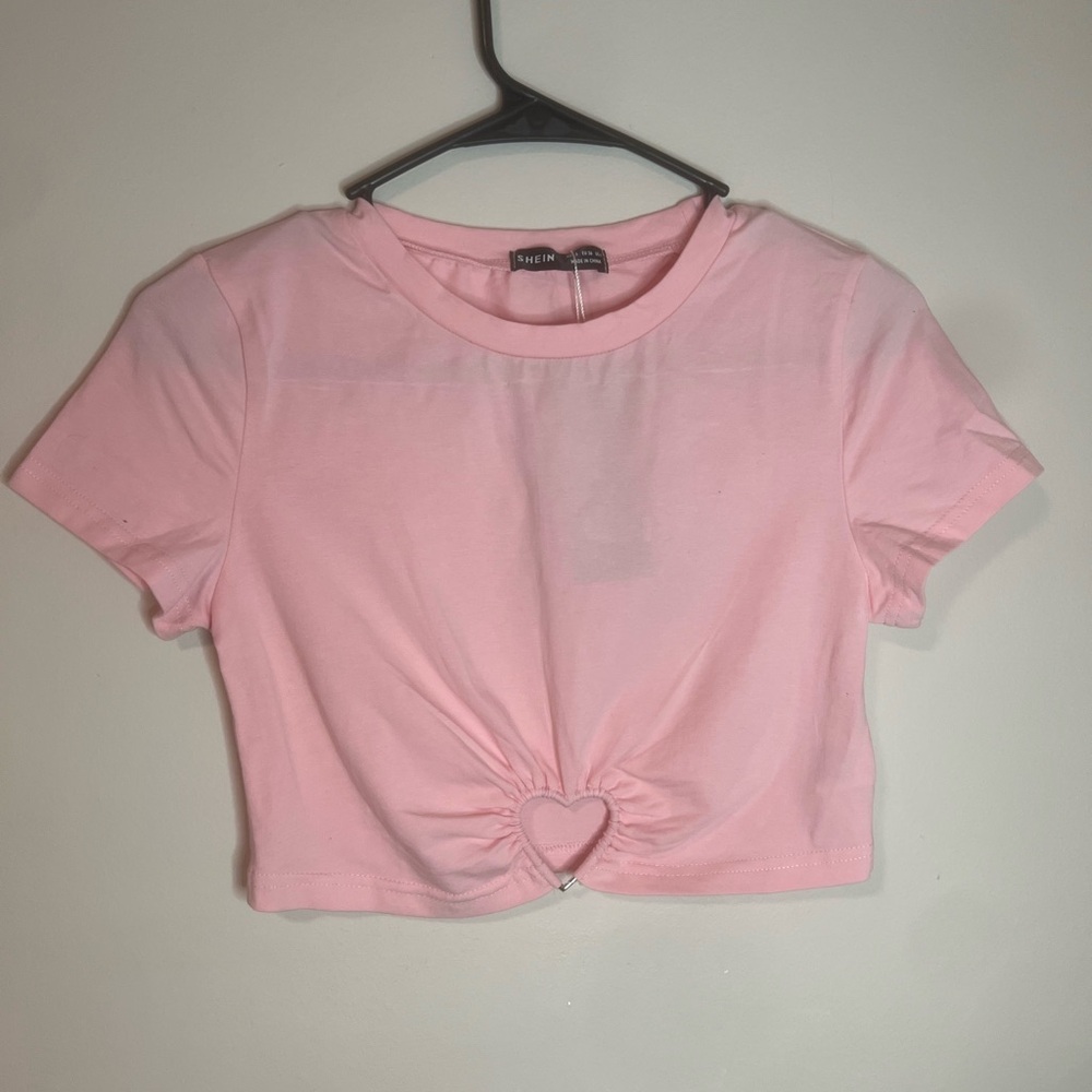 SHEIN Pink Short Sleeve Crop Top with Cut Out and Tie Front